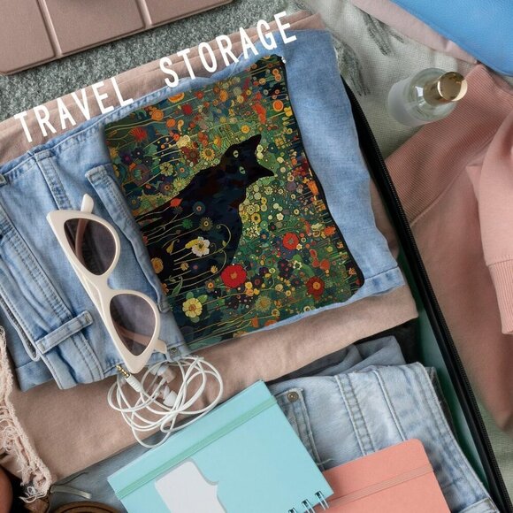 Black Cat Floral Cosmetic Bag Pouch - Makeup Bag for Women, Cat Lover Gift, Mom - Picture 5 of 6